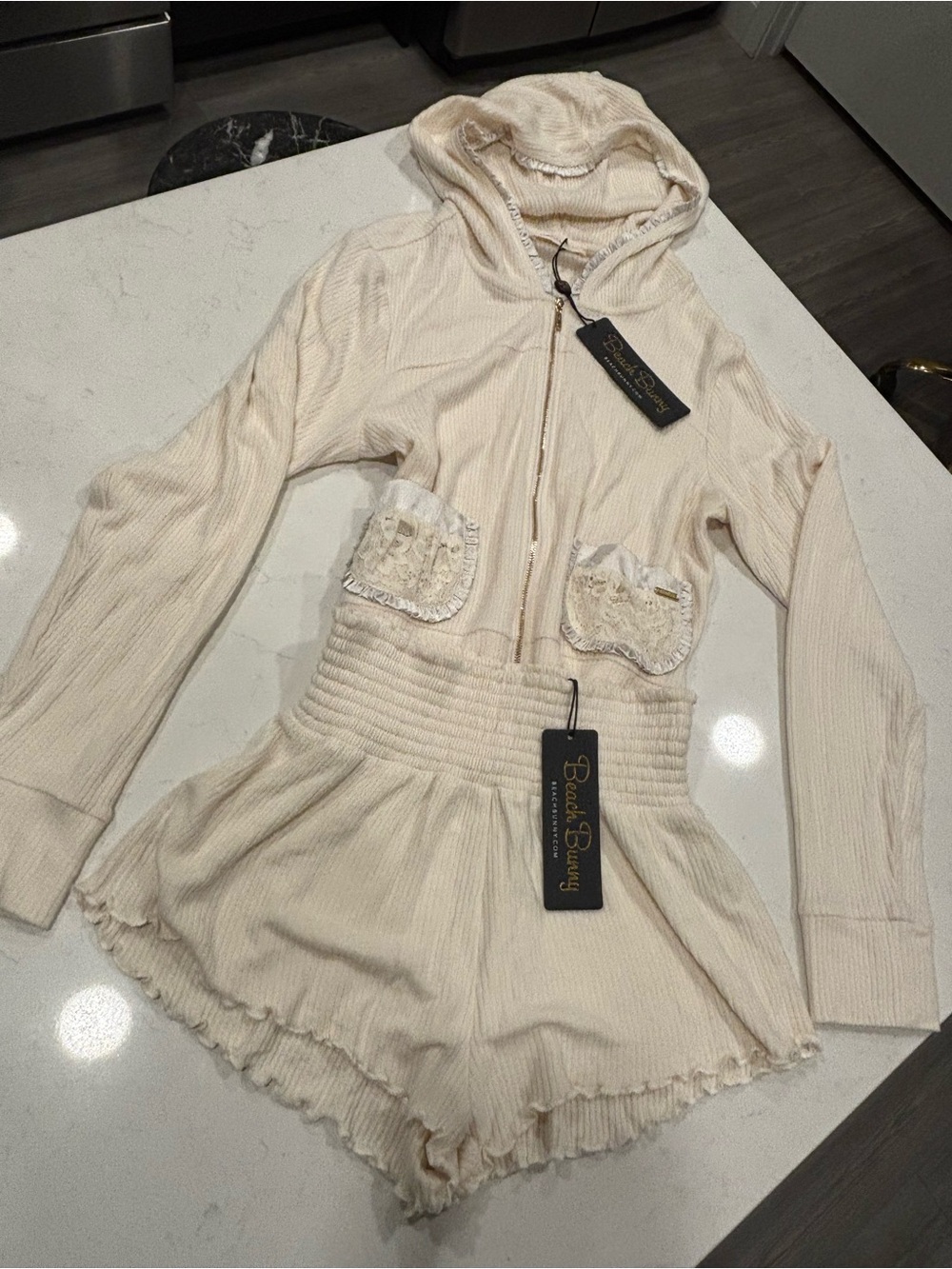 Beach Bunny Cream Zip Hoodie Sweater & Shorts Set NWT